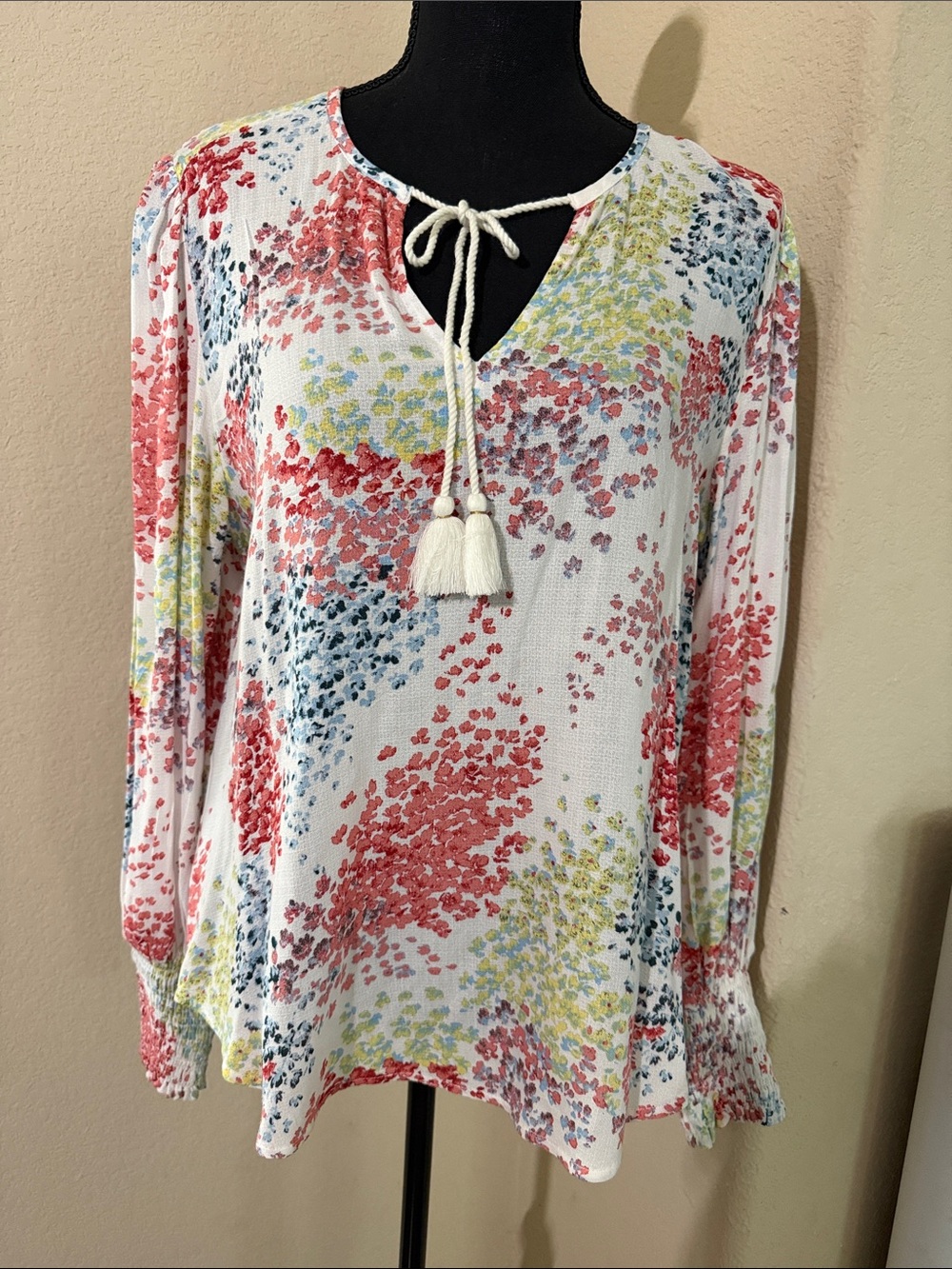 Lucky Brand White Multicolor Floral Tassel Peasant Top